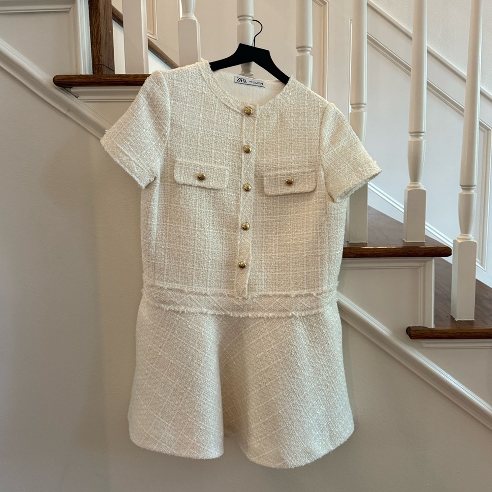 Zara Cream Tweed Dress with Gold Accents